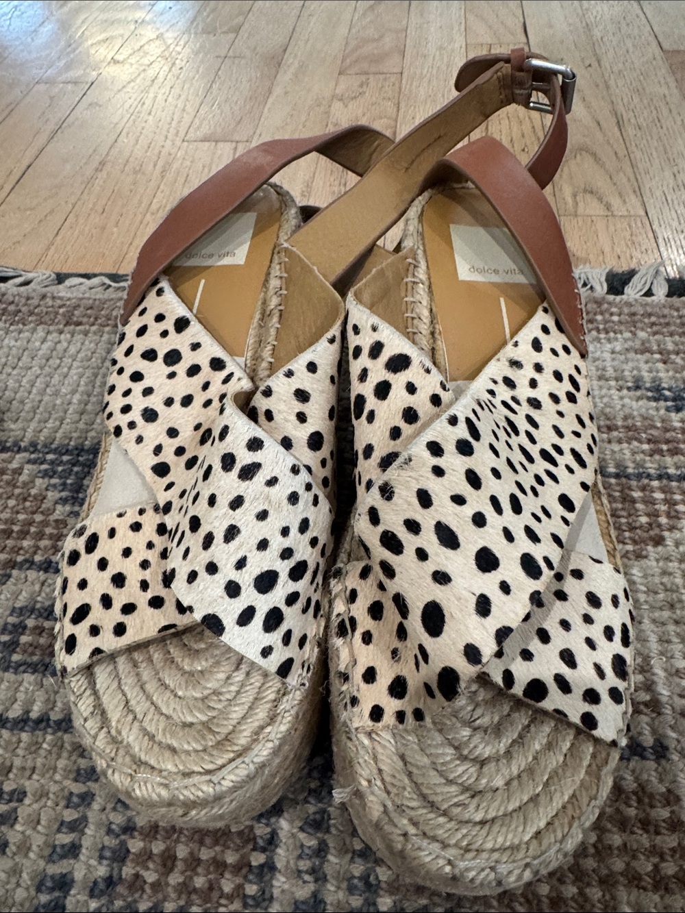 Dolce Vita Dalmatian-Print Espadrille Wedges with Tan Leather Straps